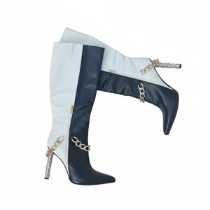 Two-Tone Black & White Chain Detail Stiletto Knee-High Boots - Rhinestone